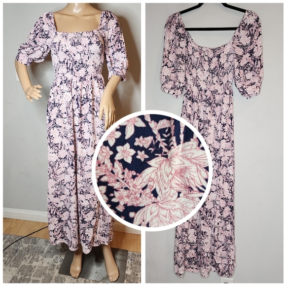 Something Navy Smocked puff Sleeve Navy Pink floral maxi dress size small - Picture 1 of 15